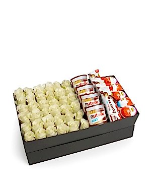 Dikdörtgen Büyük Kutuda Çikolatalı Beyaz Gül