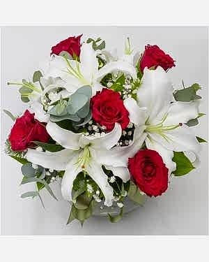 Cam Fanus Kırmızı Güllerle Lilyum Aranjmanı